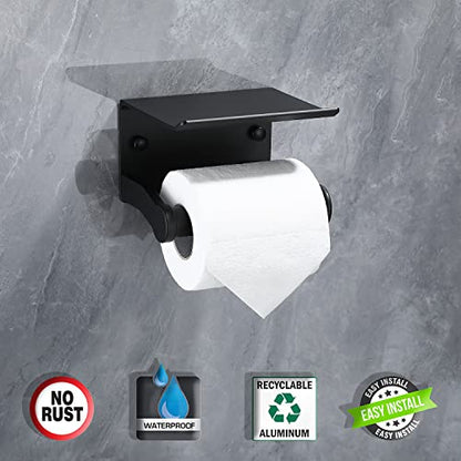Toilet Paper Holder with Phone Shelf, Self Adhesive Aluminum Tissue Roll Dispenser for Mega Roll, Wall Mounted Toilet Paper Roll Holder for Bathroom, Matte Black - color: Matte Black