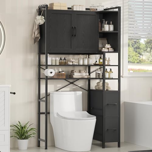 8-Tier Over the Toilet Storage Cabinet with Doors & 2 Large Drawers, Bathroom Storage Cabinet with Toilet Paper Holder, 6 Side Hooks, Over the Toilet Storage for Bathroom, Laundry Room, Black - color: Black, style: L-Shaped