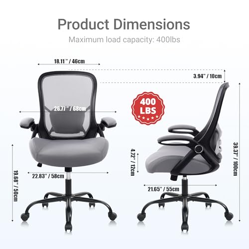 HYLONE 400lbs Heavy Duty Office Chair, 5" Thickened Seat Ergonomic Desk Chair with Adjustable Armrests, Home Office Computer Chairs for Long Hours Mesh Executive Chair(Dark Grey) - color: Black Frame & Grey, size: Thicken Cushion