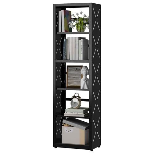 SteeLoong Narrow Bookshelf,5 Tier Bookcase,55" Black Metal Small Bookshelf with Adjustable Feet and Adjustable Shelves,Home Office Bookcase Shelf Storage Organizer for Living Room、Kitchen - color: Black, size: 5-Tier 16"W