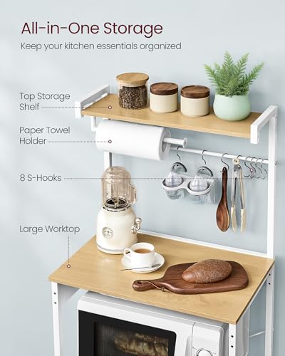VASAGLE BARNET Collection - Kitchen Bakers Rack with Power Outlet, 23.6-Inch Wide Coffee Bar 4-Tier with 8 S Hooks, Modern Microwave Stand, Adjustable Shelf, Golden Oak and Cloud White UKKS014Y01V1 - color: Golden Oak + Cloud White, size: 23.6"W