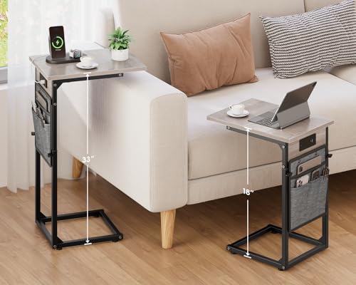 C-Shaped End Tables Set of 2 with Charging Station, 33'' Tall C Table Adjustable Height Side Table, Sofa Table for Couch, Couch Table that Slide Under Sofa, TV Trays for Living Room, Greige - color: 2pc Greige, style: With Plug