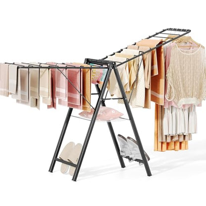 Clothes Drying Rack, 67.7" L Height Adjustable, Foldable, Black | 1.5"Folded, No Assembly, Space-Saving, Spacious Design, Adjustable Wings, Clips, Mesh Shelf, Shoe Rack, Indoor & Outdoor Use - color: Black