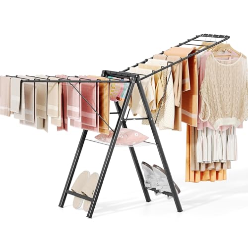 Clothes Drying Rack, 67.7" L Height Adjustable, Foldable, Black | 1.5"Folded, No Assembly, Space-Saving, Spacious Design, Adjustable Wings, Clips, Mesh Shelf, Shoe Rack, Indoor & Outdoor Use - color: Black