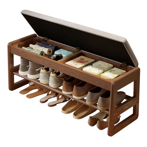 AQIMUELE Shoe Rack Bench,2 Tiers Shoe Bench with Storage with Flip-Top,Wood Shoe Rack for Entryway,Hallway(Walnut Upholstered Seat,11.8" D x 39.3" W x 15.7" H - color: Walnut Upholstered Seat, size: 11.8"D x 39.3"W x 15.7"H