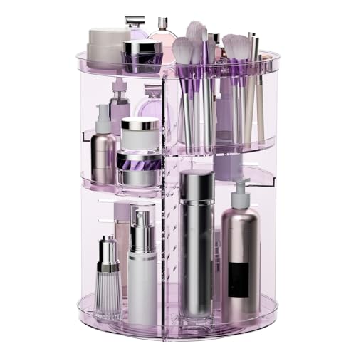 Rotating Makeup Organizer, DIY 8 Adjustable Layers Spinning Skincare Storage, Cosmetic Display Case with Brush Holder and Perfume Tray, Multi-Function Vanity Bathroom Countertop Organizer Clear Purple - color: Clear Purple