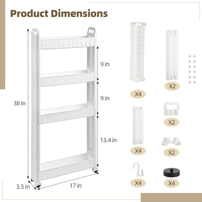 4 Tiers Slim Rolling Storage Cart, 3.5 in Slim Slide Out Bathroom Organizer Cart, Tiered Storage Rack with Wheels, Narrow Mobile Utility Cart for Laundry Room, Kitchen, Office, Sturdy Room - size: 4 Tiers
