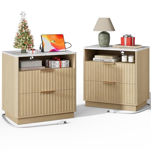 Fluted Nightstand, Night Stand Set 2, 23" Wide Nightstands Set of 2 with Charging Station & Faux Marble Top, 2 Drawer Large End Table w/Storage, Modern Bedside Table for Bedroom,Natural Oak - color: Natural Oak + Faux Marble Top, size: 2 Drawers（23"W）