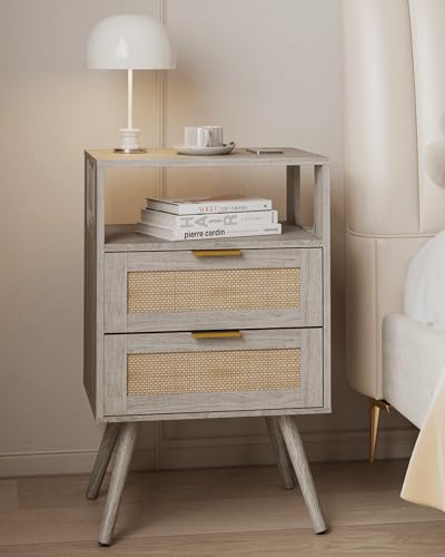 JOONEE Rattan Nightstand,Farmhouse Bedside Table with 2 Storage Drawer and Open Wood Shelf, for Bedroom and Small Spaces,Night Stand with Solid Wood Legs (Grey Oak) - color: Grey Oak