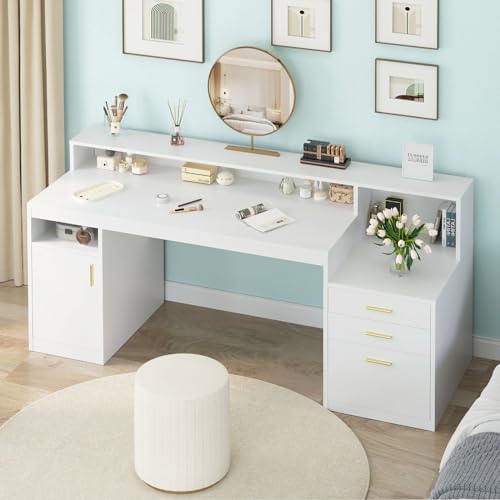YOMILUVE Computer Desk with 3 Drawer & Storage Shelves, Home Office Desk with File Drawer & Cabinet, Writing Study Table with Long Monitor Stand & Printer Shelf, Executive Desk, White - color: White