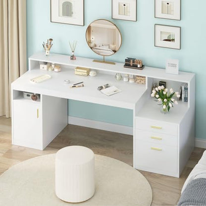 YOMILUVE Computer Desk with 3 Drawer & Storage Shelves, Home Office Desk with File Drawer & Cabinet, Writing Study Table with Long Monitor Stand & Printer Shelf, Executive Desk, White - color: White