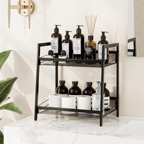 Masupu 2 Tier Bathroom Shelf, Bathroom Organizer and Storage for Small Space, Free-Standing Metal Rack Shelves Waterproof for Kitchen, Bathroom, Laundry, Toilet, Black - color: Black, size: 2 Tiers(16.9''H)