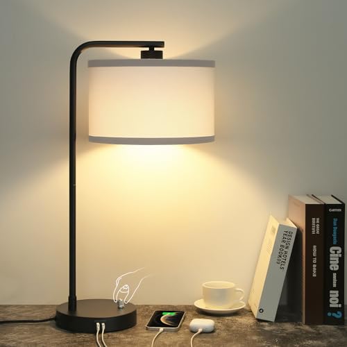 Seaside village Table Lamp for Bedroom with USB C+A Ports, Fully Stepless Dimmable Farmhouse Bedside Lamp Nightstand Light, Tall Reading Desk Lamp for Living Room, Office, 9W LED Bulb Included - color: Black Base with White Shade