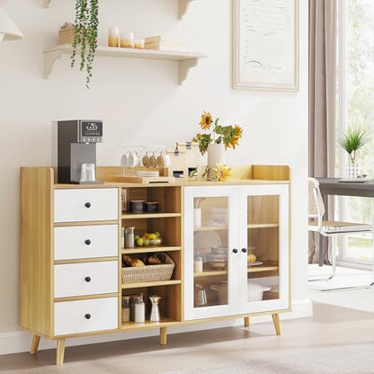 GarveeLife 55" Large Sideboard Buffet Cabinet with Storage, 30" Tall Modern Kitchen Storage Cabinet,Adjustbale Shelf, Coffee Bar, Long Accent Table for Dining Room, Living Room, Entryway, Natural Oak - color: Natural Oak