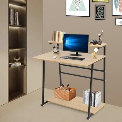 3 Tiers Rolling Computer Desk, 31.5 Inch Home Office Desk with 4 Wheels & 4 Foot Pads, Mobile Small Computer Desk, Student Study Table for Small Space Bedroom (Black+Log Color) - color: Black+log Color
