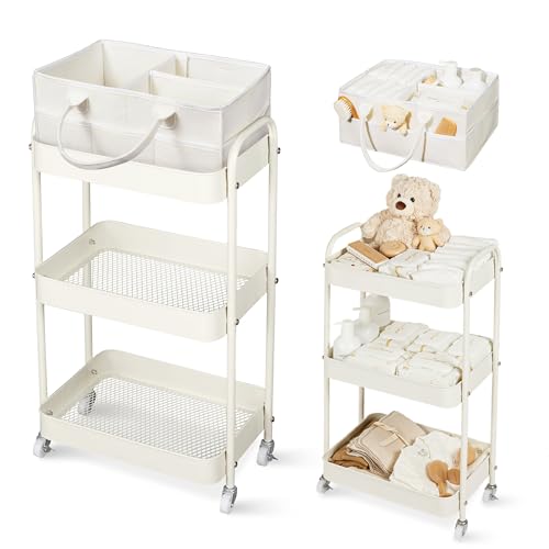 Fortella Baby Diaper Caddy, 3 Tier Rolling Storage Cart for Baby Essentials, Diaper Cart with Detachable Dividers, Storage Organizer & Baby Bottle Organizer for Bedroom, Living Room (Beige) - color: Beige
