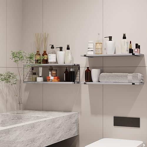 Fixwal 3+1 Tier Bathroom Floating Shelves Over Toilet, Gray | Gray Wood Shelf Set with Toilet Paper Storage Basket, Natural Finish, 40Lb Weight Limit, Quick Mount, Versatile - color: Grey