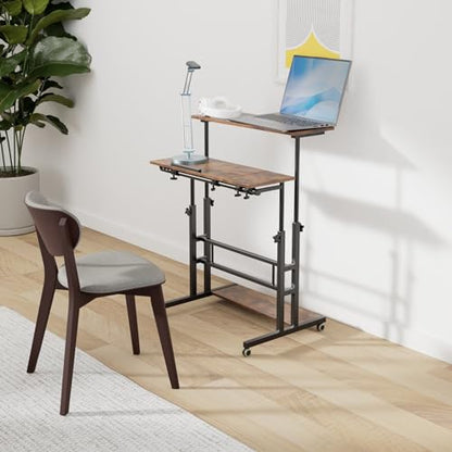 Hadulcet Mobile Standing Desk Adjustable Height, Rolling Desk Stand Up Desk, Mobile Laptop Desk, Rolling Computer Desk with Charging Station, Portable Desk with Wheels, Rustic Brown - color: Rustic Brown, size: 31.5" With Charging Station