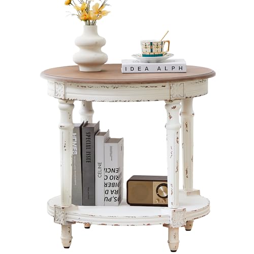 BERRYMERRY 23.6" French Country Two Tone Round End Table,Chipped White Vintage 2 Tier Side Table for Living Room Small Space,No Tool Assembly - color: White 1 Pc