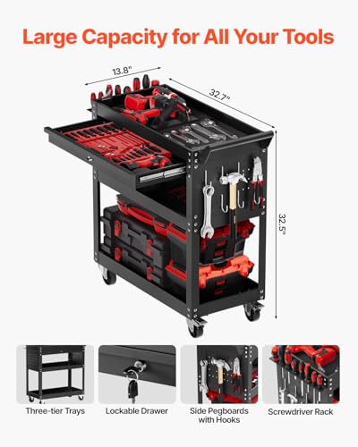 VEVOR 4-Tier Tool Cart with Wheels, 350 lbs Load Capacity, Rolling Work Cart with Drawer & Pegboard, Mechanic Tool Storage Organizer with Locking System for Garage, Warehouse and Repair Shop, Black - style: 4-Tier-350 lbs with 1 Drawer
