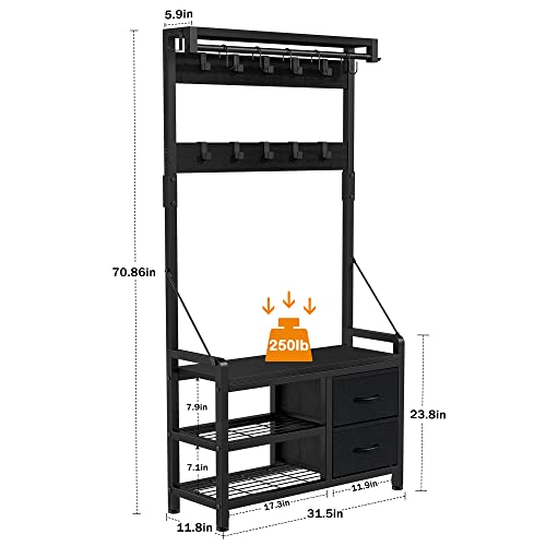 Lulive Hall Tree with Bench and Shoe Storage, 31.5” Coat Rack Freestanding | Black, 5 in 1 Intelligent Design, 17 Hooks, 2 Drawers, Handy Clothes Rail - color: Black, size: 11.8"D x 31.5"W x 70.9"H