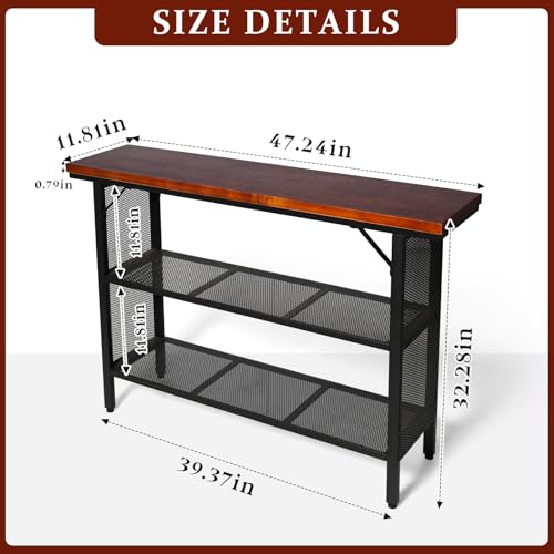 LOKKHAN 47.2 Inch Industrial Console Table with Storage Shelves – Solid Wood Top for Sturdiness, Black Metal Frame with Mesh Design for Airy Look | Perfect for Entryway, Living Room, Hallway