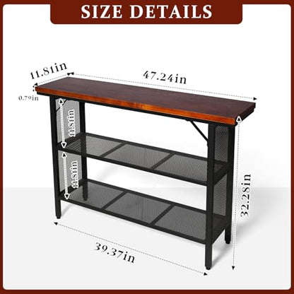 LOKKHAN 47.2 Inch Industrial Console Table with Storage Shelves – Solid Wood Top for Sturdiness, Black Metal Frame with Mesh Design for Airy Look | Perfect for Entryway, Living Room, Hallway