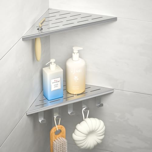 10‘’ Corner Shower Shelf, 304 Stainless Steel Shelves for Bathroom, Grout in Shelf with Hooks for Tiled Wall (Polished) - color: Polished