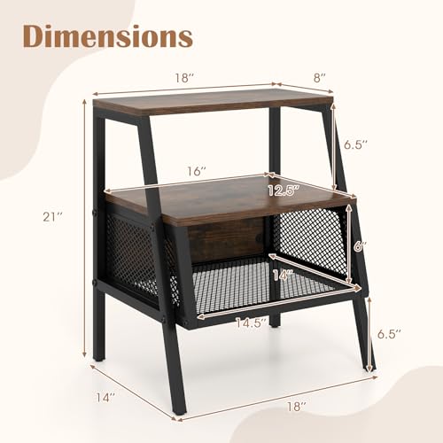 KOMFOTT Industrial Nightstand, 3-Tier End Table with 2 Open Shelves & Metal Mesh Compartment, Bedside Table with Heavy-Duty Metal Frame for Bedroom, Small Spaces, Rustic Brown (1)