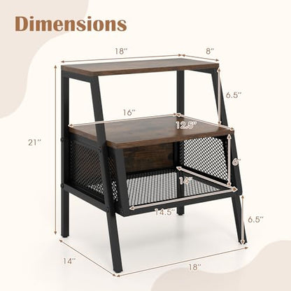 KOMFOTT Industrial Nightstand, 3-Tier End Table with 2 Open Shelves & Metal Mesh Compartment, Bedside Table with Heavy-Duty Metal Frame for Bedroom, Small Spaces, Rustic Brown (1)