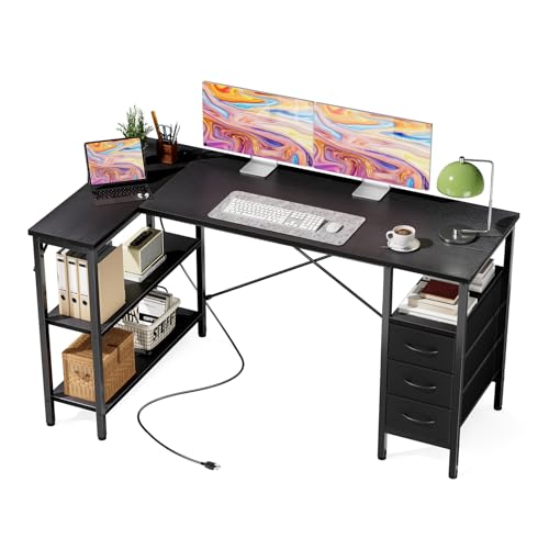 DUMOS L Shaped Desk with Drawers, Gaming Desk, 55 Inch | Power Outlet, Study Table, Adjustable Shelves, Home Office, Corner Computer Workstation, Bedroom, Black - color: Ink, size: 55.1 Inch