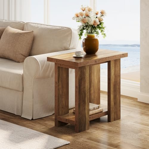 LITTLE TREE 2 Tier Side Table with Storage Shelf, Rustic Wood End Table, Narrow Nightstand Bedside Table for Living Room, Bedroom, Small Spaces, Rustic Brown, 15.75" D x 27.56" W x 25.2" H - color: Rustic Brown
