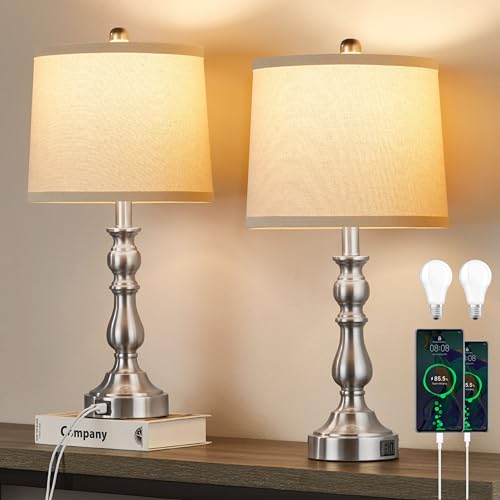 Farmhouse Side Table Lamps for Living Room Set of 2 with USB C+A Ports, Bedside Lamp for Bedroom, Dining Room Decor, Office, End Table, Knob Switch, 3 Color Temperatures, Bulb Included, Silver - color: C.Light Oat, Silver
