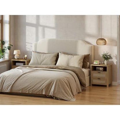 Boho Nightstand with Charging Station, Large Bedside Table with Two Drawers & Open Storage Shelf, Mid-Century Modern End Table Rattan-Look Drawer, Accent Side Table with Rounded Corners for Bedroom - size: 23.6"D x 22"W x 15.74"H(2-Drawers)