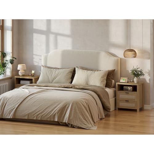 Boho Nightstand with Charging Station, Large Bedside Table with Two Drawers & Open Storage Shelf, Mid-Century Modern End Table Rattan-Look Drawer, Accent Side Table with Rounded Corners for Bedroom - size: 23.6"D x 22"W x 15.74"H(2-Drawers)