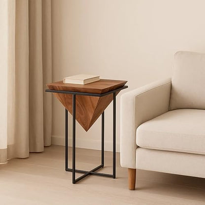 The Urban Port 26 Inch Pyramid Shape Wooden Side Table | Brown Finish, Cross Black Metal Base, Modern Accent End Table, For Living Room, Bedroom, Entryway, Lounge, Home Decor Display - size: 26-Inch