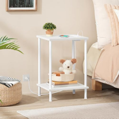 HOOBRO Side Table with Charging Station, Set of 2 End Tables with USB Port and Outlets, Nightstand with 2-Layer Storage Shelves for Small Spaces, Living Room, Bedroom, White WW09UBZP201 - color: White