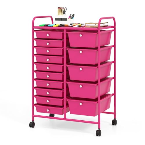 GLACER 15 Drawers Rolling Storage Cart, Steel Frame Craft Organizer Cart | Utility Cart w/Lockable Wheels & Sleek Handle, Mobile Art & Tool Supply Trolley for Teacher, Home, School, Office (Hot Pink) - color: Hot Pink, size: 15 Drawers (5 Big +10 Small)