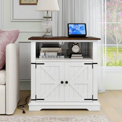MUUEGM Farmhouse End Tables Living Room Set of 2, NightStand with Charging Station, Wooden Side Table with Adjustable Storage Shelf and Barn Door for Living Room, Bedroom, White, 2 Pack - color: White Set 2