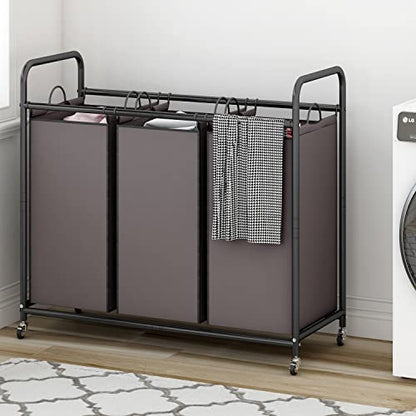 LINZINAR 3-Bag Laundry Sorter,Laundry Hamper Cart with Heavy Duty Rolling Lockable Wheels and Removable Bags (Brown) | Laundry Room Organization with Heavy Duty Rolling Lockable Wheels and Removable Bag, Bedroom Laundry Cart for Clothes Storage - size: 3