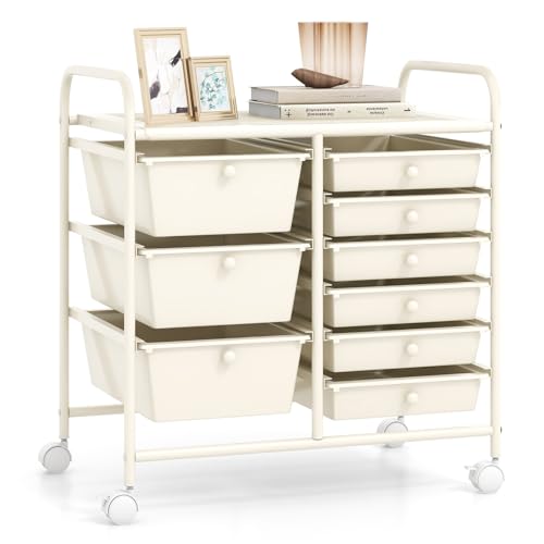 RELAX4LIFE 9 Drawer Rolling Storage Cart - Mobile Drawer Carts for Craft Art Supply Paper Salon, Utility Cart on Wheels for Classroom Teacher School Office, Rolling Cart with Drawers (Ivory White) - color: White, style: 9 Drawers