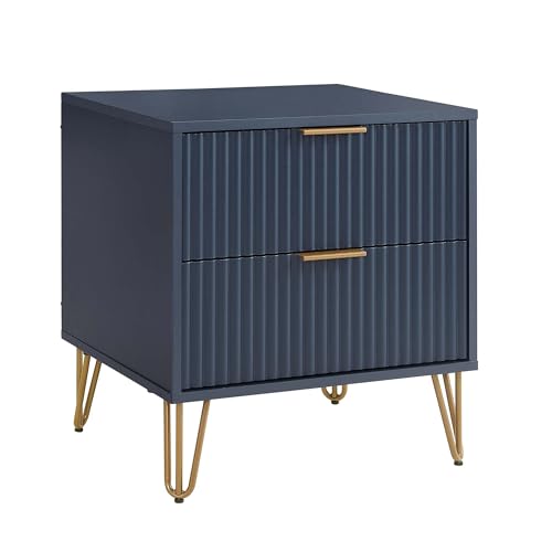 20" Sturdy Metal Legs Small Nightstand, Modern Nightstand with Textured Drawers, Storage Cabinet for Indoor Home use, Dark Blue - color: Dark Blue
