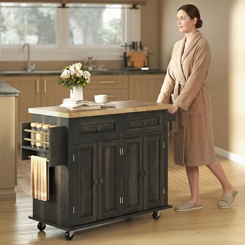 HOMCOM Kitchen Island Cart with Solid Wood Top 44" Mobile Brown Oak | Kitchen Island Table, on Wheels, Storage Cabinets, 2 Drawers, Adjustable Shelves, Spice Rack & Towel Bar, for Dining Room - color: Brown Oak