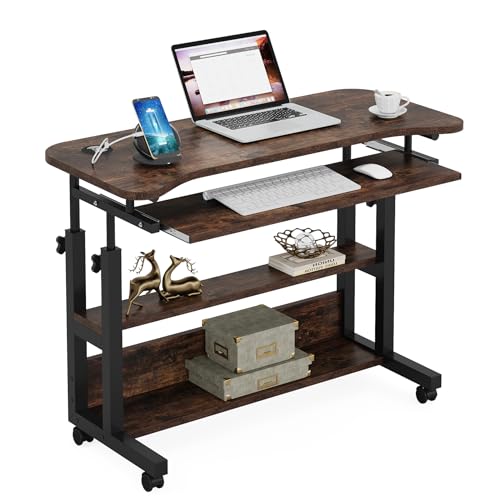 Tribesigns Portable Desk with Power Outlets, Height Adjustable Side Table Sofa Couch Bedside Laptop Computer Cart with USB Charging Ports, Mobile Small Standing Desk with Keyboard Tray - color: Brown