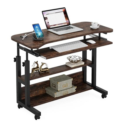 Tribesigns Portable Desk with Power Outlets, Height Adjustable Side Table Sofa Couch Bedside Laptop Computer Cart with USB Charging Ports, Mobile Small Standing Desk with Keyboard Tray - color: Brown