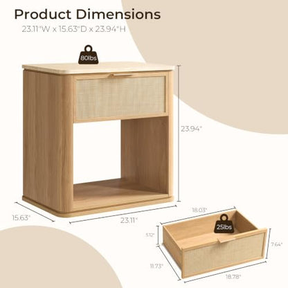 Night Stand, 23.11" W Rattan Nightstand with 1 Drawer and Open Shelf, Faux Marble Top Bedside Table, Boho Mid Century End Table for Bedroom Living Room Sofa Office, Natural Oak [FSC Certified] - color: Natural Oak, size: 15.63"D x 23.11"W x 23.94"H（1 Draw