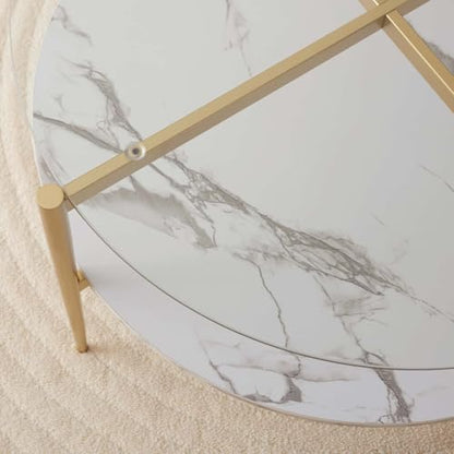 LumFurn Round Coffee Table for Living Room, Mid-Century Modern Design, D30 x H17, 2-Tier Structure, Clear Glass Top and White Marble Finish Wood Shelf, Sleek Conical Metal Legs with Gold Finish Frame - color: Clear & White Marble, size: D30" Round Coffee