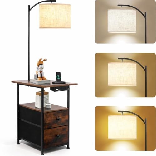 PESRAE Floor Lamp with Table & 2 Drawers, End Table with 3 Color Temperature Reading Light, Side Table Lamp with USB & Type C & AC Charging Port for Living Room, Bedroom (Rustic Fusion Brown) - color: Rustic Fusion Brown