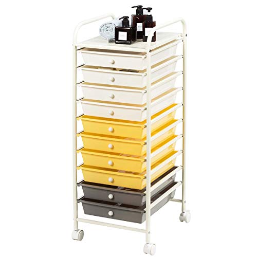 Giantex 10 Drawer Rolling Storage Cart Scrapbook Paper Office School Organizer (Beige+Yellow+Grey) - color: Beige+Yellow+Grey, size: 10 Drawer-13"x15"x34"