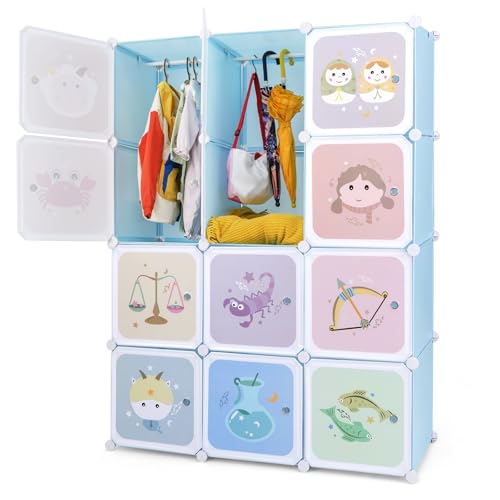 INFANS Children Wardrobe, Kid Closet Portable Baby Dresser Cute for Kids Bedroom Nursery Armoire with Doors 12 Cube 2 Hanging Sections, Kid Clothes Storage Organizer (Pink, 12 Cubes) - color: Light Blue, size: 12 Cubes